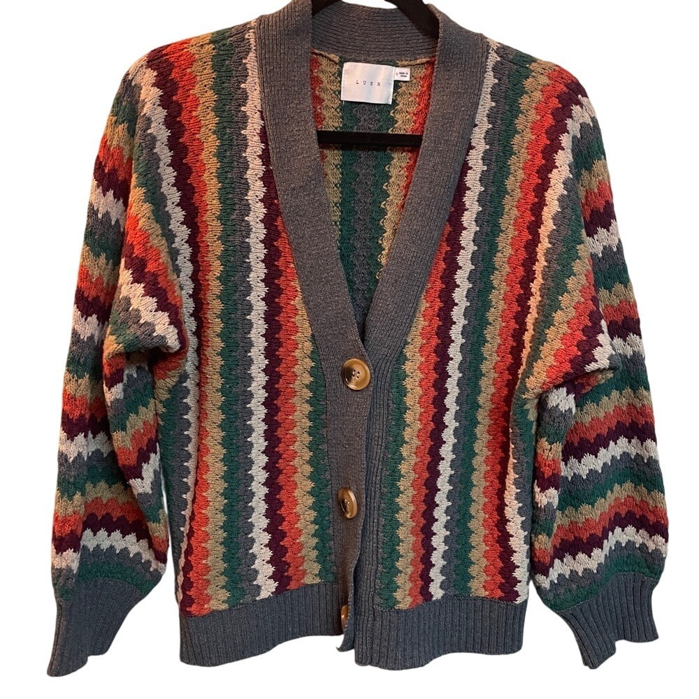 Lush Multi Color Chevron Zigzag Knit Button Front Cardigan Sweater Medium